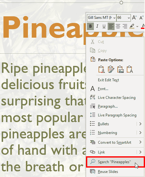 Search option within right-click menu in PowerPoint 365 Search option within right-click menu in PowerPoint 365