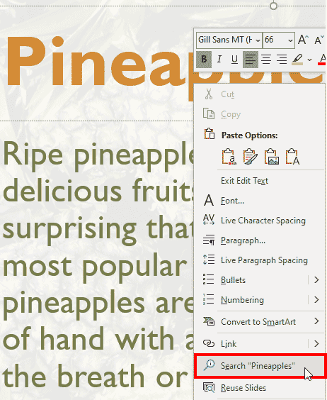 Search option within right-click menu in PowerPoint 365
