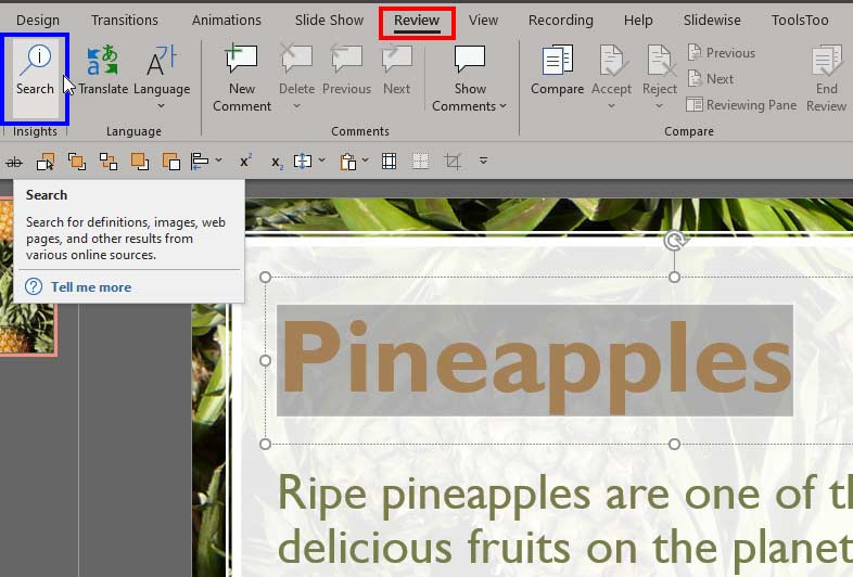 Search button within PowerPoint 365 for Windows