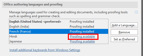 Selected language is installed, but for some languages, the proofing may still need to be installed