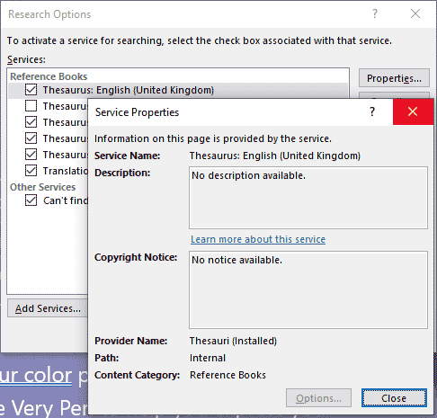 Service Properties dialog box in PowerPoint 365 for Windows