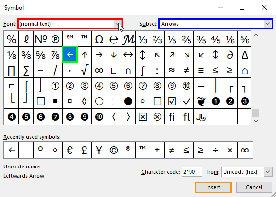 Symbol dialog box Symbol dialog box
