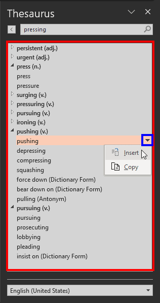Thesaurus with the list of related words in PowerPoint 365 for Windows