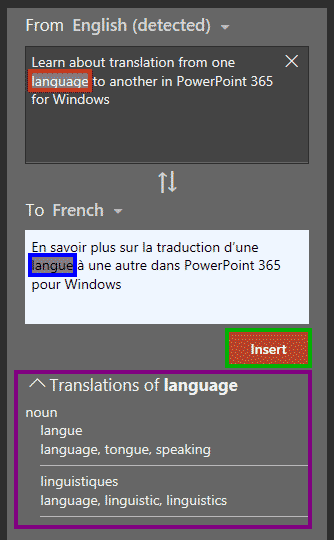 Translation options in PowerPoint 365 for Windows