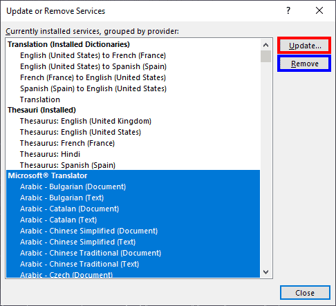 Update or Remove Services dialog box in PowerPoint 365 for Windows