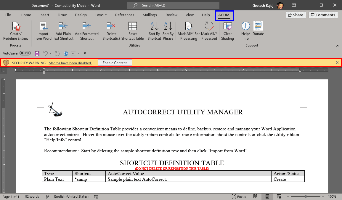 The ACUM tab shows up with a Security Warning bar