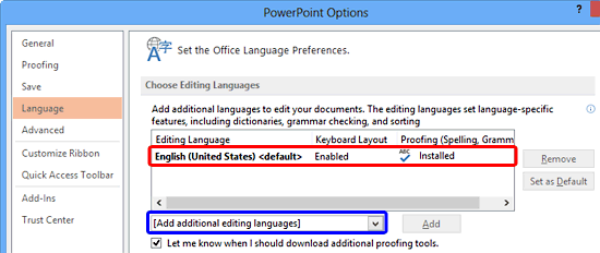 Language options within PowerPoint Options dialog box