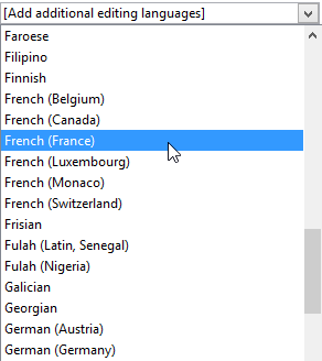 Drop-down list displaying all the editing languages available