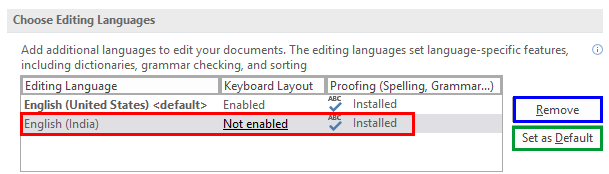 Selected language added to the Editing language list