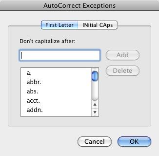 AutoCorrect Exceptions dialog box