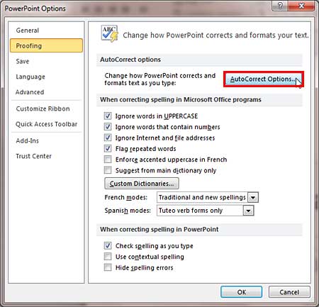 Proofing section of PowerPoint Options dialog box includes the AutoCorrect Options button