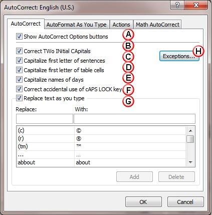 Options within AutoCorrect tab of the AutoCorrect dialog box
