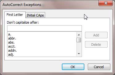 AutoCorrect Exceptions dialog box