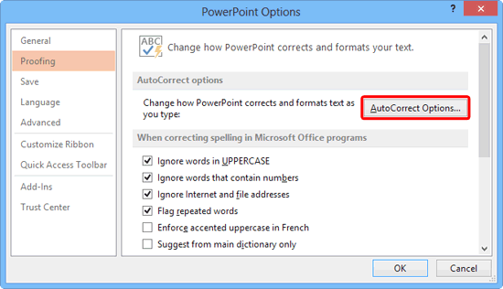 Proofing section of PowerPoint Options dialog box