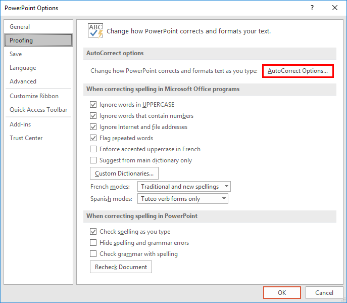 Proofing section of PowerPoint Options dialog box