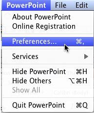 Preferences option selected within PowerPoint menu