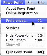 Preferences option selected within PowerPoint menu - Indezine Preferences option selected within PowerPoint menu