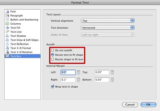 Text Box panel selected within Format Text dialog box