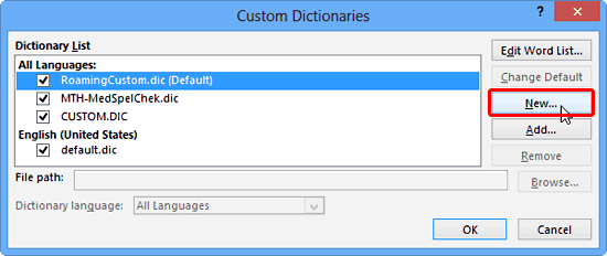 Custom Dictionaries dialog box - Indezine Custom Dictionaries dialog box