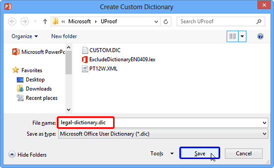 Create Custom Dictionary dialog box