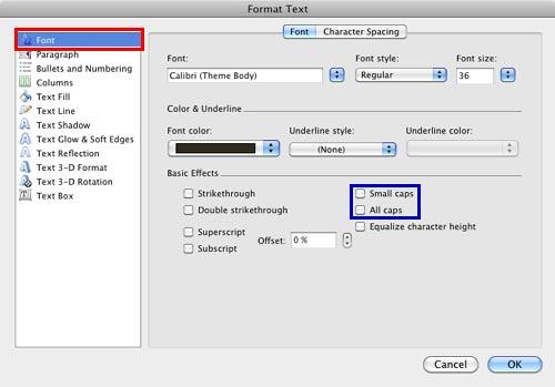 Text Case check-boxes within the Font dialog box