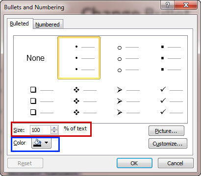 Bullet options within the Bullets and Numbering dialog box