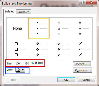 Bullet options within the Bullets and Numbering dialog box - Indezine Bullet options within the Bullets and Numbering dialog box