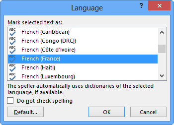 Check mark denotes the installed language