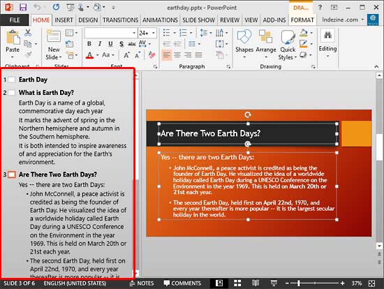 Outline view within PowerPoint 2013 interface