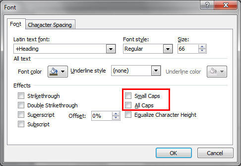 Text Case check-boxes within the Font dialog box