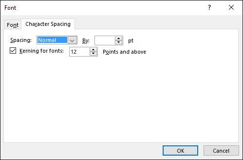 Character Spacing tab within the Font dialog box