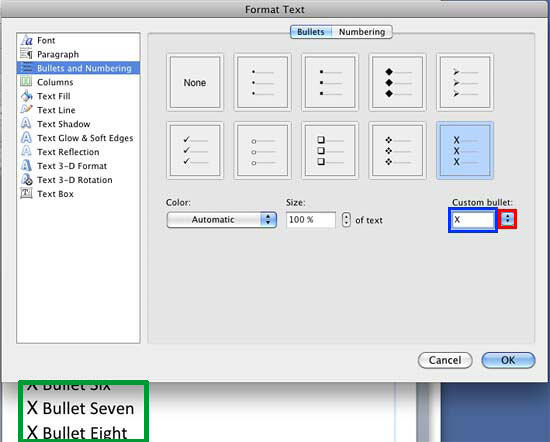 Bullet editing options within the Format Text dialog box - Indezine Bullet editing options within the Format Text dialog box
