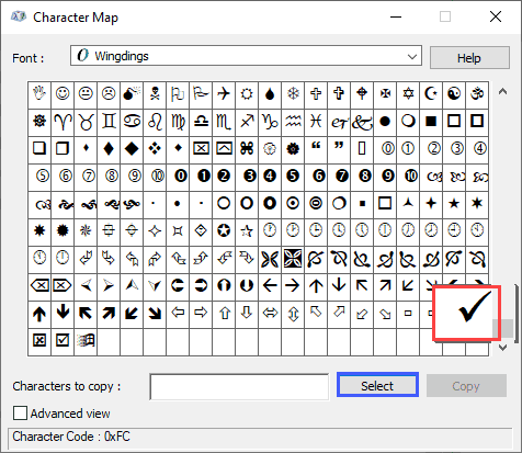 Advanced view in Character Map