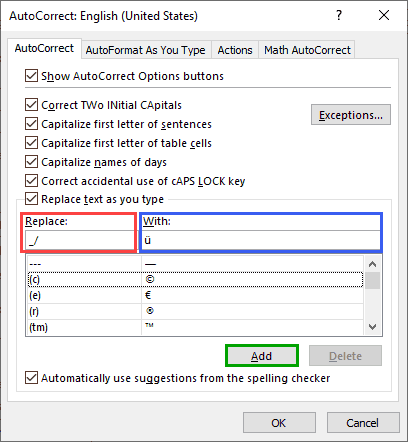 AutoCorrect dialog box