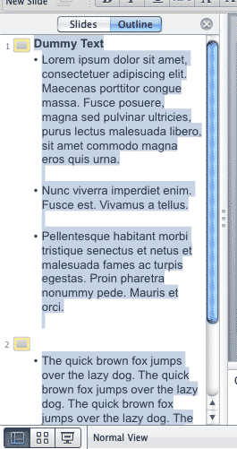 Entire text selected within the Outline Pane