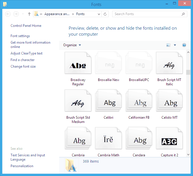 Fonts panel in Control Panel