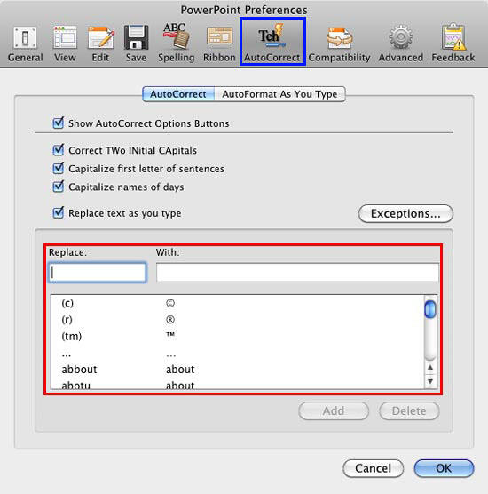 AutoCorrect list within the PowerPoint Preferences dialog box
