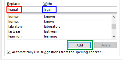 Entries within the Replace and With text boxes for a new word pair