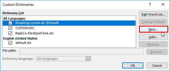 Custom Dictionaries dialog box - Indezine Custom Dictionaries dialog box