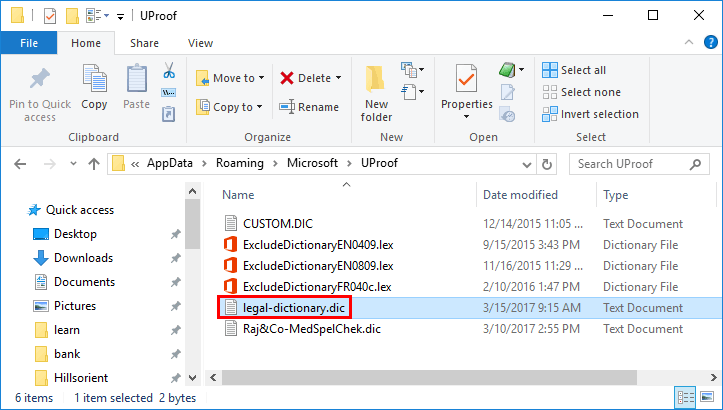 New dictionary file accessed within the windows explorer