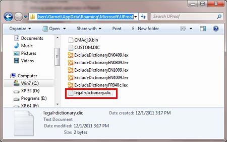 New dictionary file accessed within the windows explorer