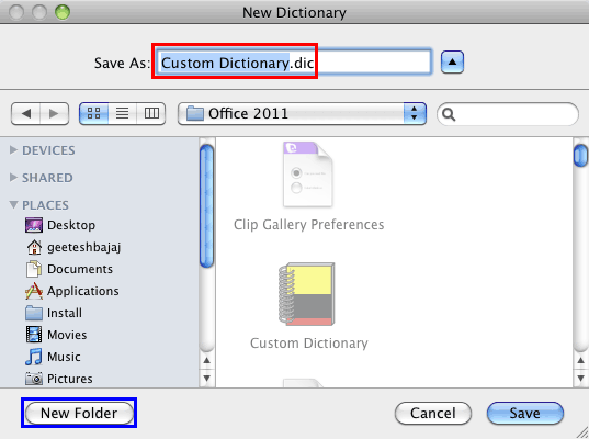 New Dictionary dialog box