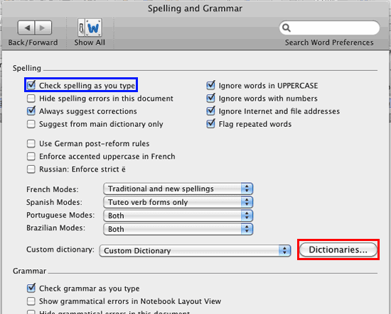 word for mac 2011 ignore grammar