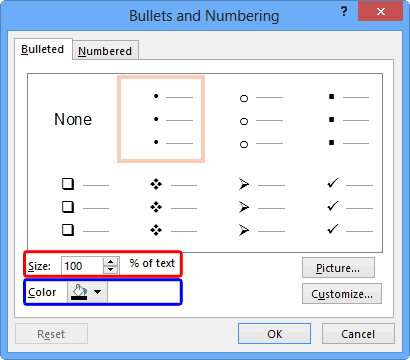 Bullet options within the Bullets and Numbering dialog box - Indezine Bullet options within the Bullets and Numbering dialog box