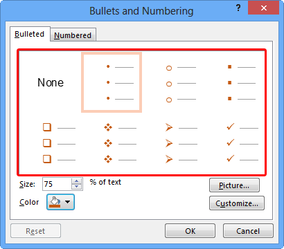 Color of the bullets changed within the Bullets and Numbering dialog box