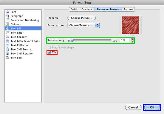 Tile check-box selected within the Format Text dialog box - Indezine Tile check-box selected within the Format Text dialog box