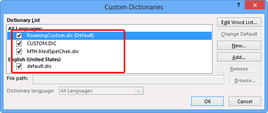 Custom Dictionaries dialog box