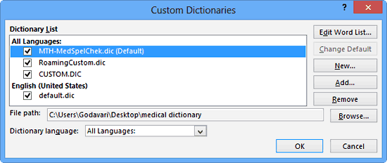 Suffixed word Default indicates the default dictionary