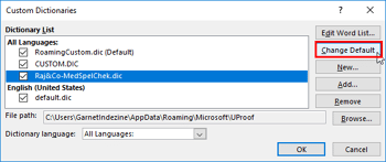 Disable, Enable, and Set the Default Custom Dictionary in PowerPoint 2016 for Windows