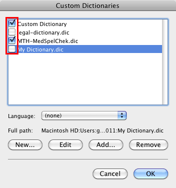 Enable/disable custom dictionaries for spell check